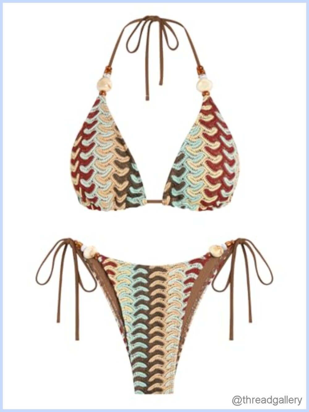 Striped Beaded Triangle Bikini Set 2 Piece Cheeky Thong Swimwear
